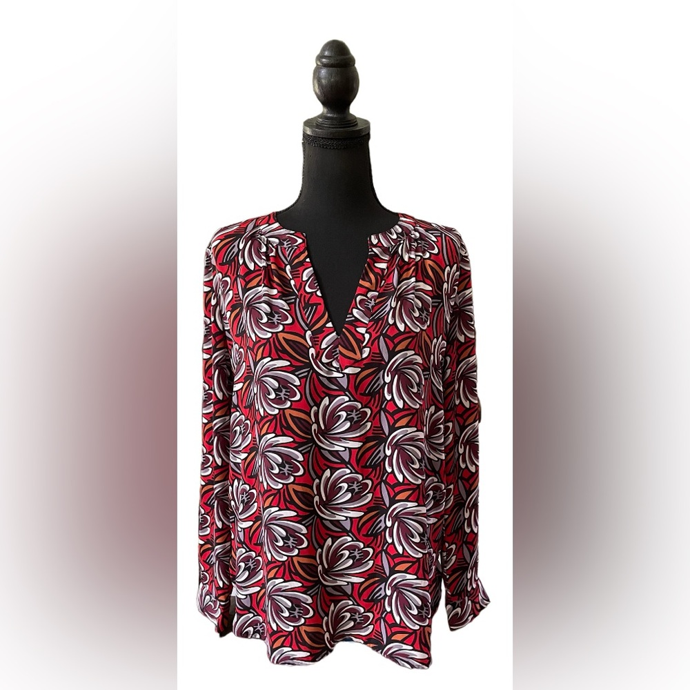 LOFT: Red, Purple, Black and White Floral V Neck Blouse